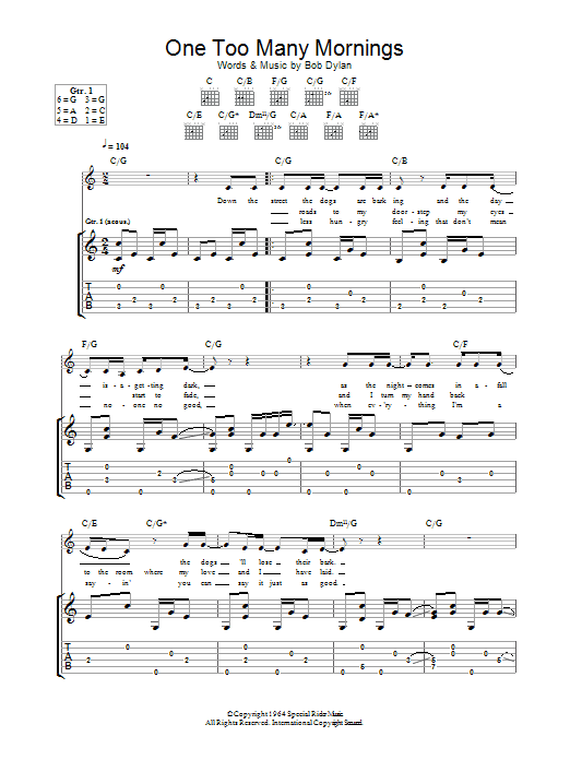 Bob Dylan One Too Many Mornings Sheet Music Notes & Chords for Lyrics & Chords - Download or Print PDF