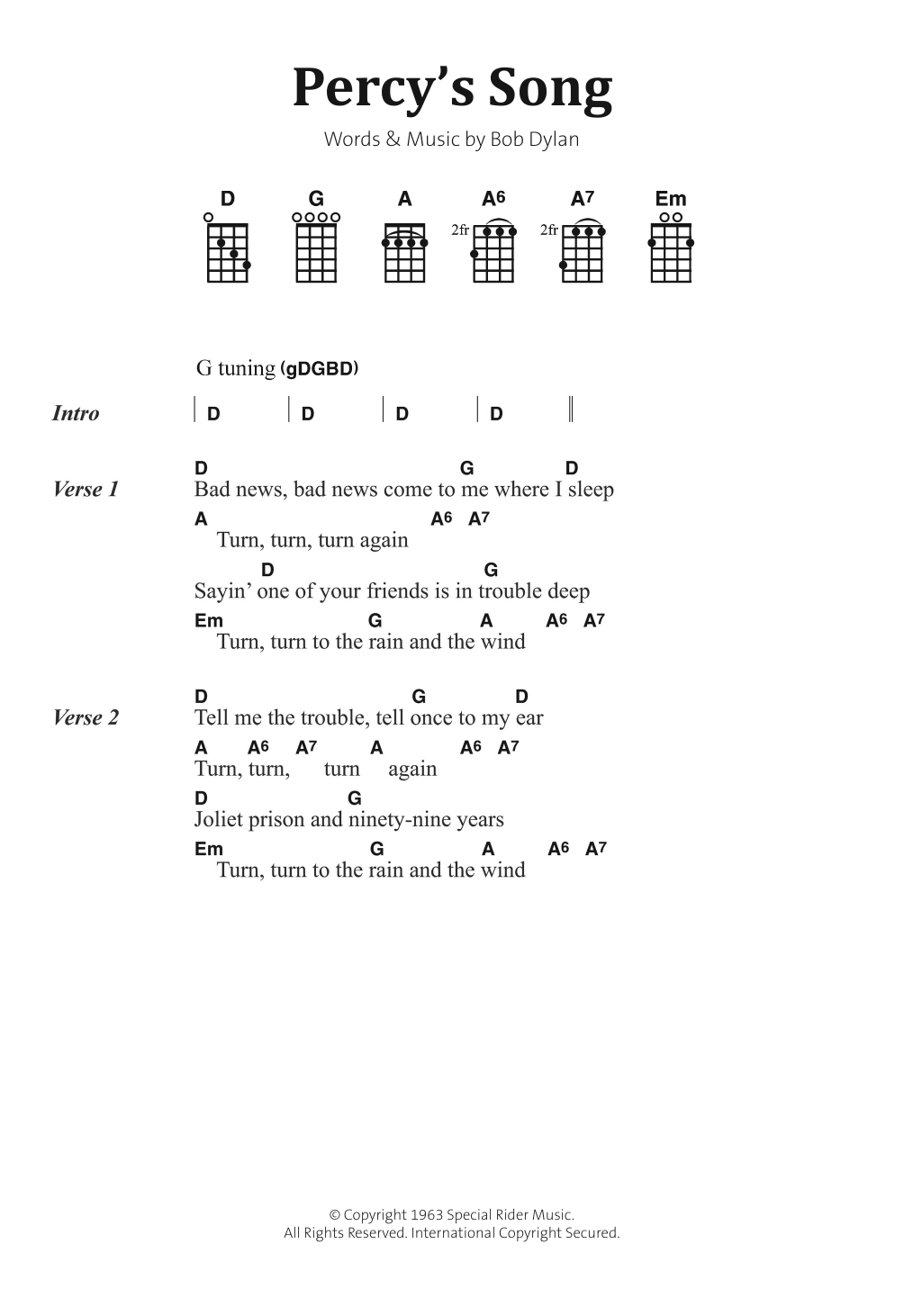 Bob Dylan Percy's Song Sheet Music Notes & Chords for Banjo Lyrics & Chords - Download or Print PDF