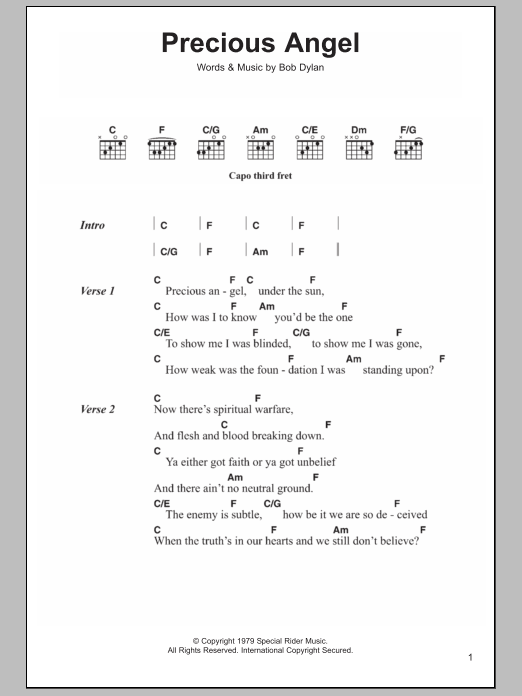 Bob Dylan Precious Angel Sheet Music Notes & Chords for Piano, Vocal & Guitar (Right-Hand Melody) - Download or Print PDF