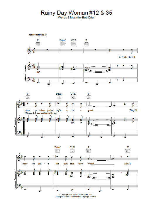 Bob Dylan Rainy Day Woman #12 & 35 Sheet Music Notes & Chords for Piano, Vocal & Guitar (Right-Hand Melody) - Download or Print PDF