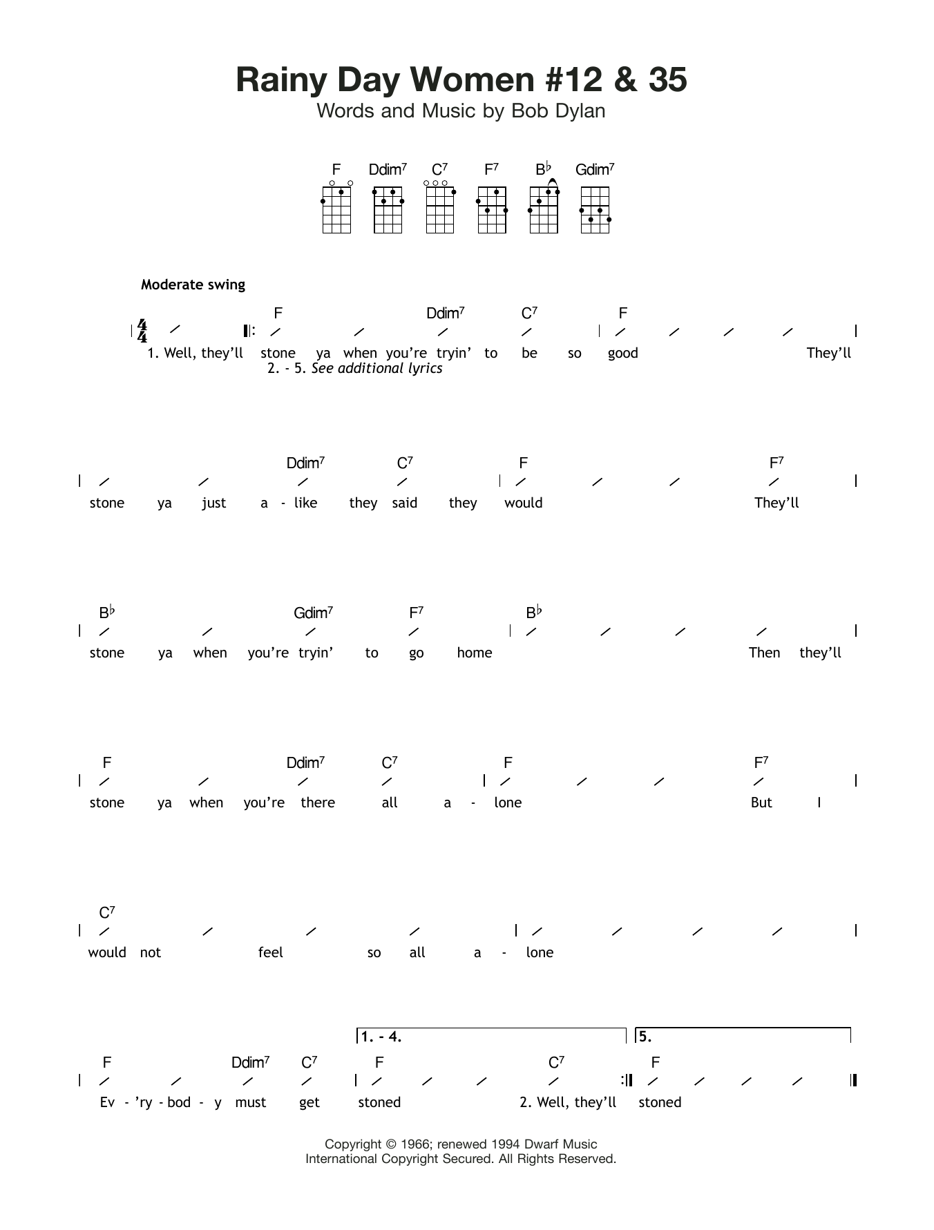 Bob Dylan Rainy Day Women #12 and 35 Sheet Music Notes & Chords for Guitar Chords/Lyrics - Download or Print PDF
