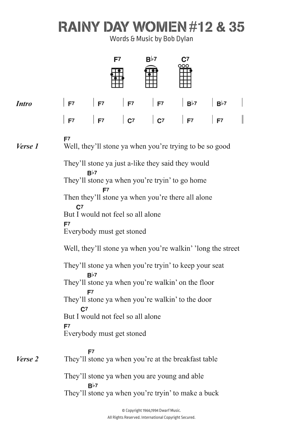Bob Dylan Rainy Day Women #12 and #35 Sheet Music Notes & Chords for Ukulele Lyrics & Chords - Download or Print PDF