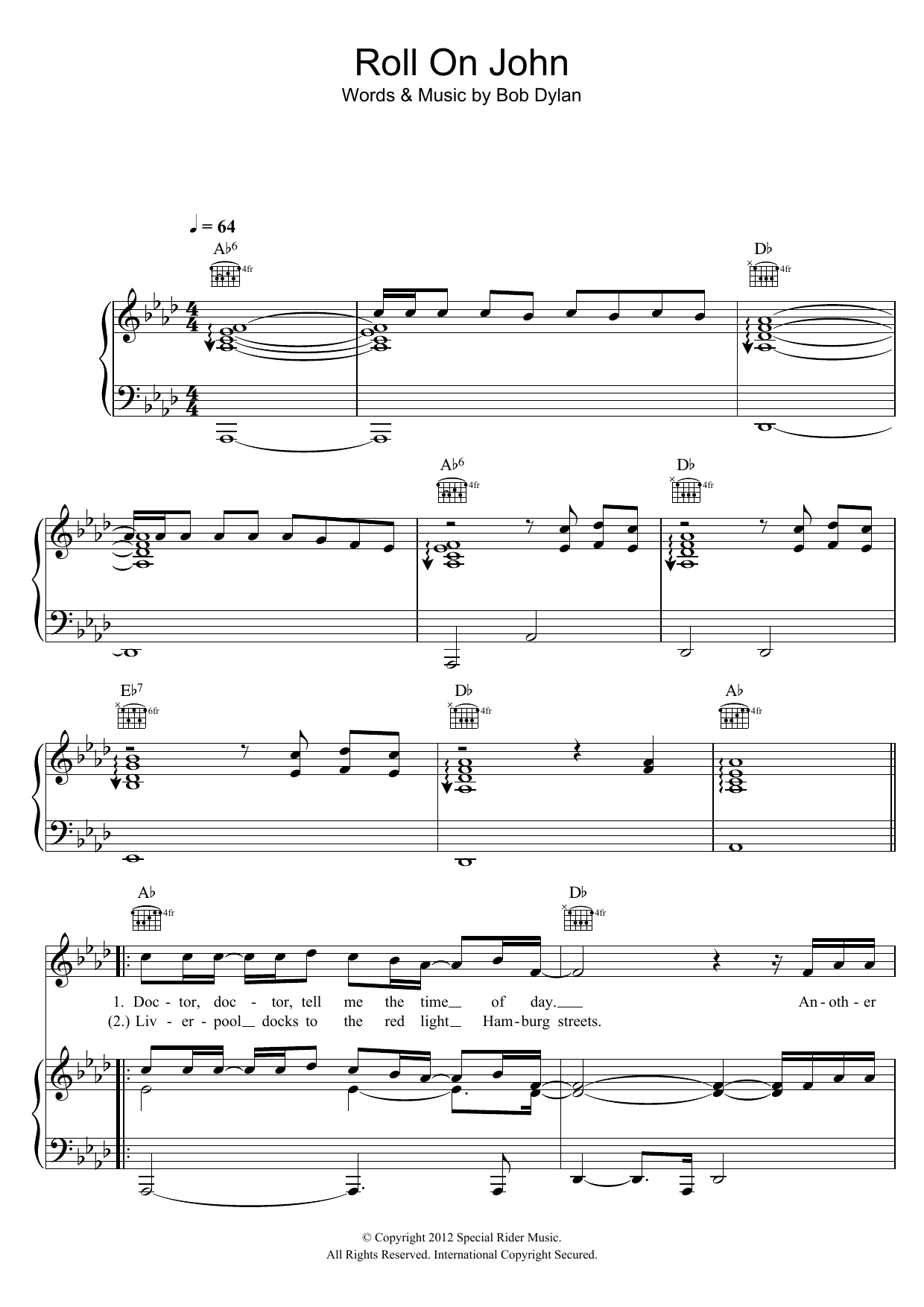 Bob Dylan Roll On John Sheet Music Notes & Chords for Piano, Vocal & Guitar (Right-Hand Melody) - Download or Print PDF