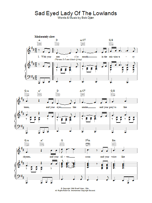 Bob Dylan Sad-Eyed Lady Of The Lowlands Sheet Music Notes & Chords for Lyrics & Chords - Download or Print PDF