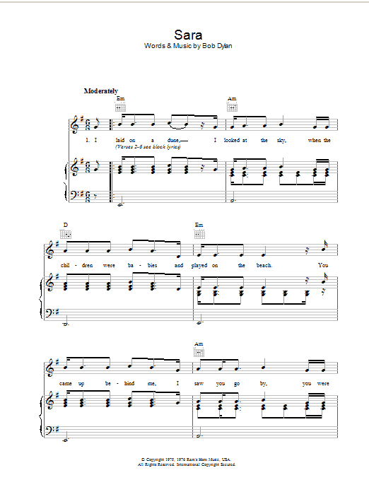 Bob Dylan Sara Sheet Music Notes & Chords for Piano, Vocal & Guitar (Right-Hand Melody) - Download or Print PDF