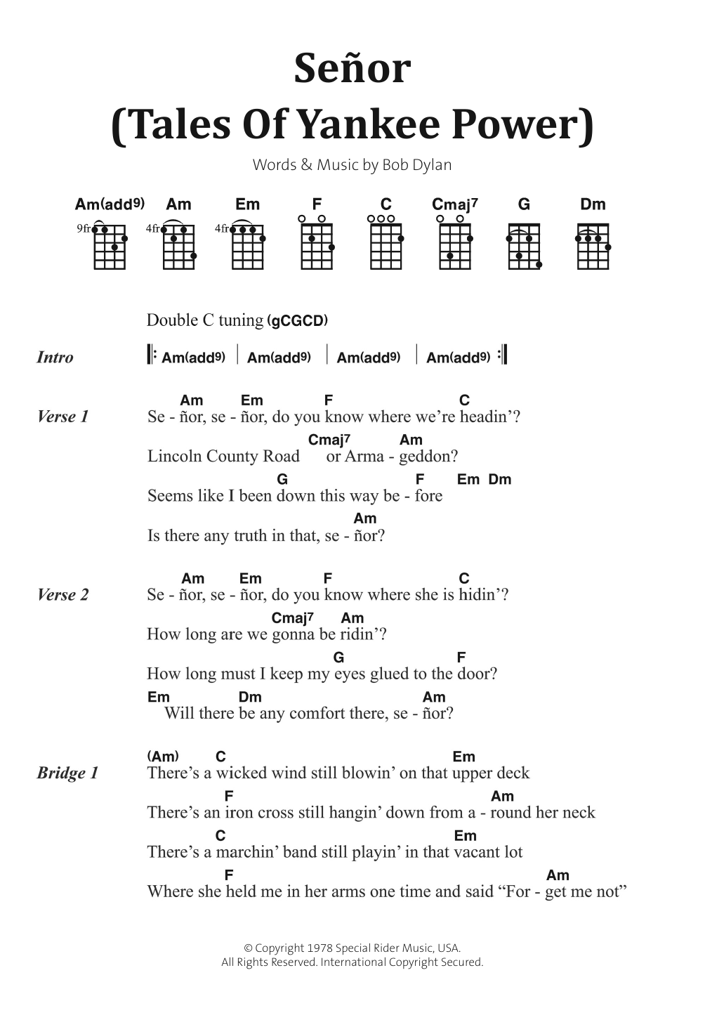 Bob Dylan Senor (Tales Of Yankee Power) Sheet Music Notes & Chords for Banjo Lyrics & Chords - Download or Print PDF