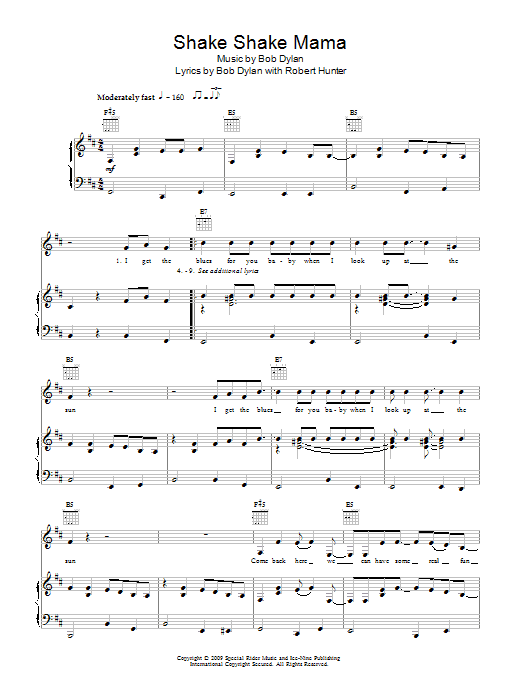 Bob Dylan Shake Shake Mama Sheet Music Notes & Chords for Piano, Vocal & Guitar (Right-Hand Melody) - Download or Print PDF