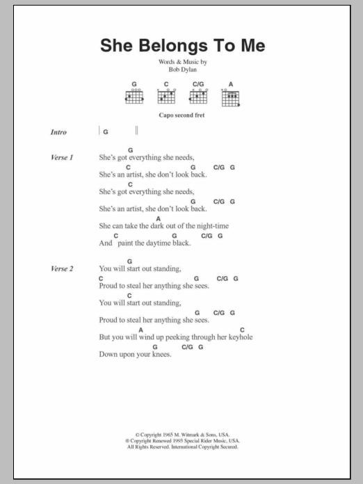 Bob Dylan She Belongs To Me Sheet Music Notes & Chords for Lyrics & Chords - Download or Print PDF