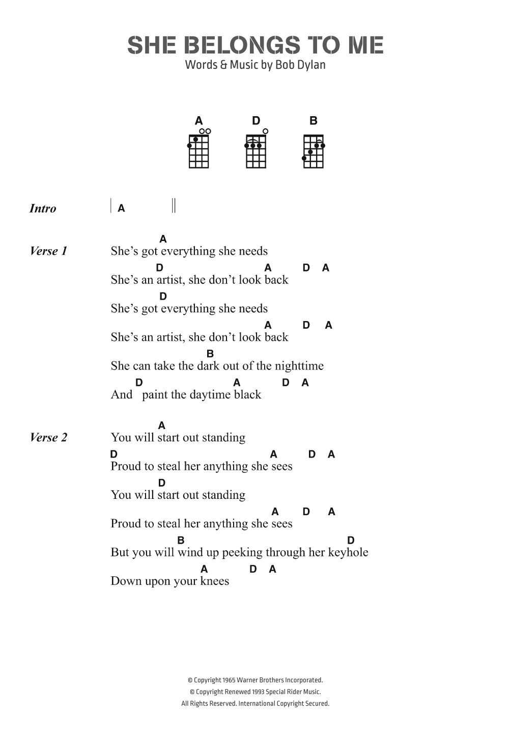 Bob Dylan She Belongs To Me Sheet Music Notes & Chords for Ukulele Lyrics & Chords - Download or Print PDF