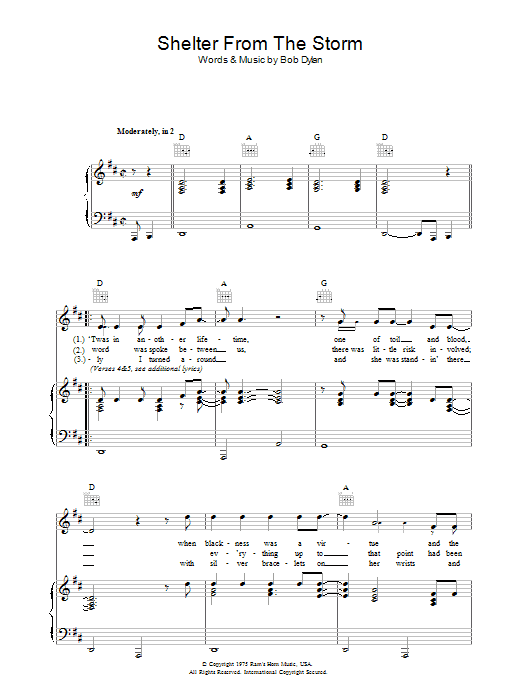 Bob Dylan Shelter From The Storm Sheet Music Notes & Chords for Easy Piano - Download or Print PDF