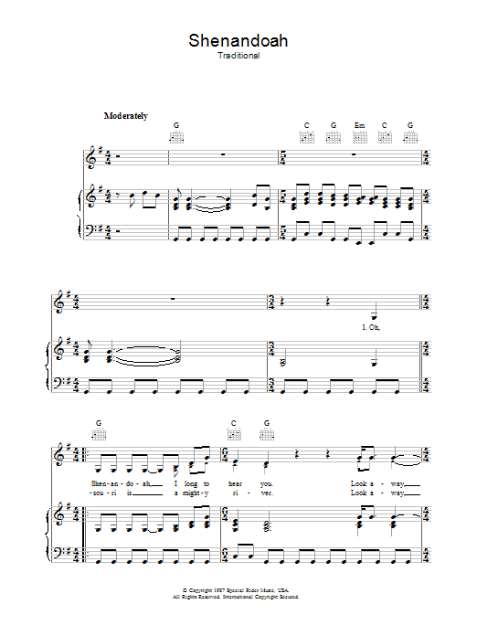 Bob Dylan Shenandoah Sheet Music Notes & Chords for Piano, Vocal & Guitar (Right-Hand Melody) - Download or Print PDF