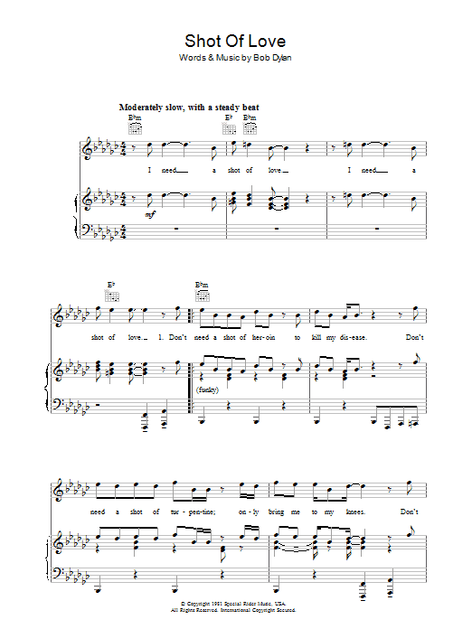 Bob Dylan Shot Of Love Sheet Music Notes & Chords for Piano, Vocal & Guitar (Right-Hand Melody) - Download or Print PDF