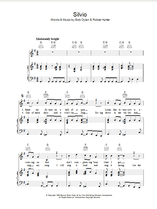 Bob Dylan Silvio Sheet Music Notes & Chords for Piano, Vocal & Guitar (Right-Hand Melody) - Download or Print PDF
