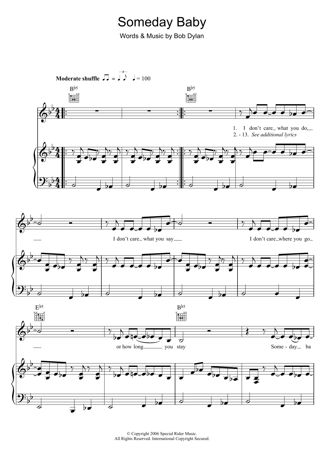 Bob Dylan Someday Baby Sheet Music Notes & Chords for Piano, Vocal & Guitar (Right-Hand Melody) - Download or Print PDF