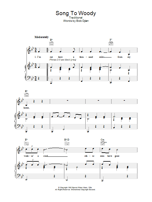 Bob Dylan Song To Woody Sheet Music Notes & Chords for Piano, Vocal & Guitar (Right-Hand Melody) - Download or Print PDF