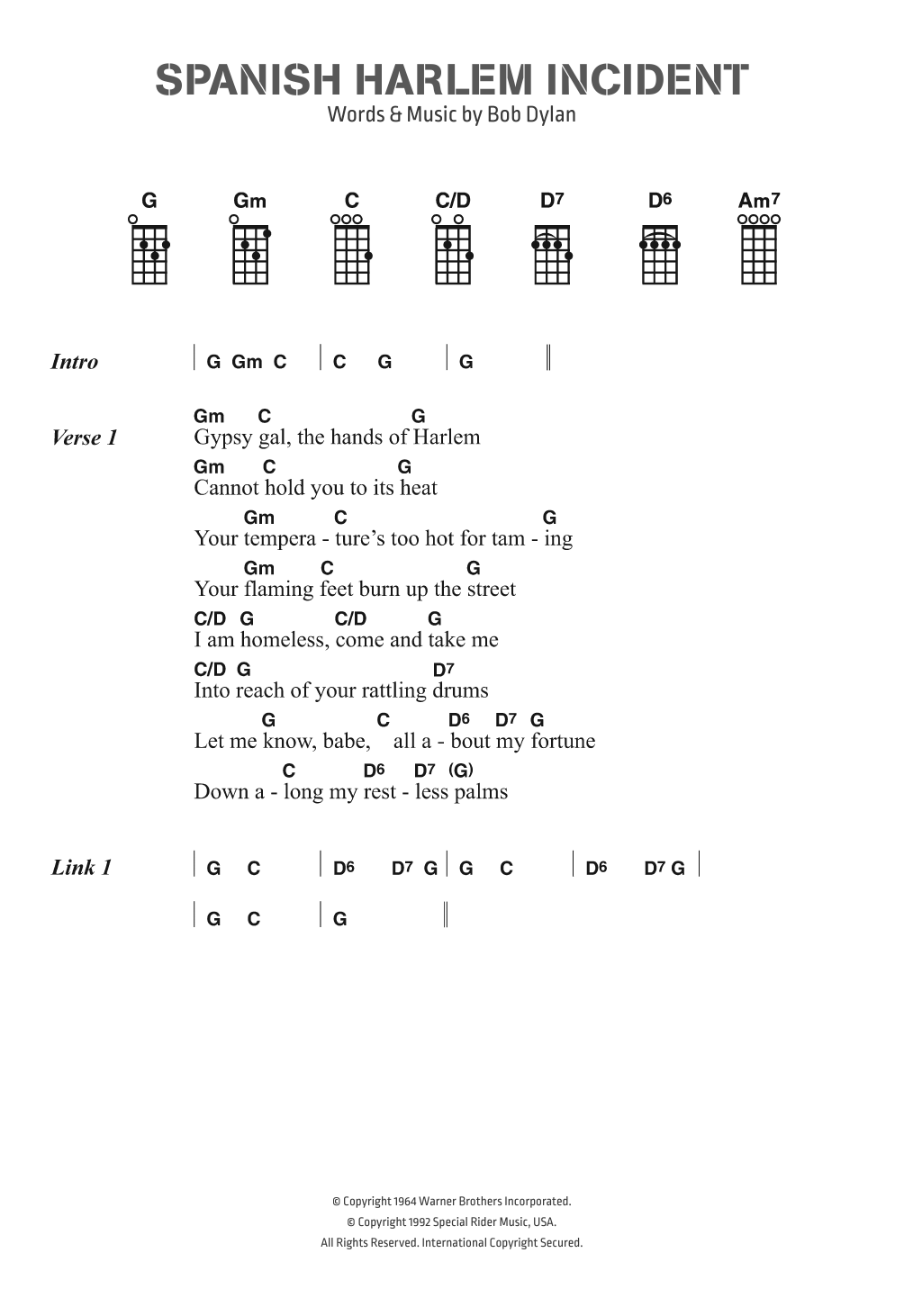 Bob Dylan Spanish Harlem Incident Sheet Music Notes & Chords for Ukulele Lyrics & Chords - Download or Print PDF