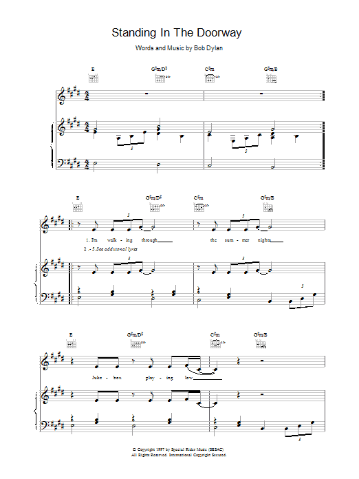 Bob Dylan Standing In The Doorway Sheet Music Notes & Chords for Piano, Vocal & Guitar (Right-Hand Melody) - Download or Print PDF