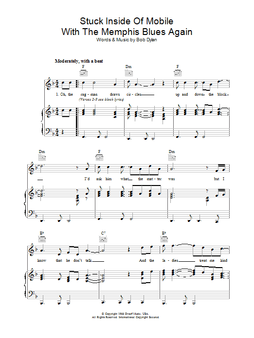 Bob Dylan Stuck Inside Of Mobile With The Memphis Blues Again Sheet Music Notes & Chords for Lyrics & Chords - Download or Print PDF