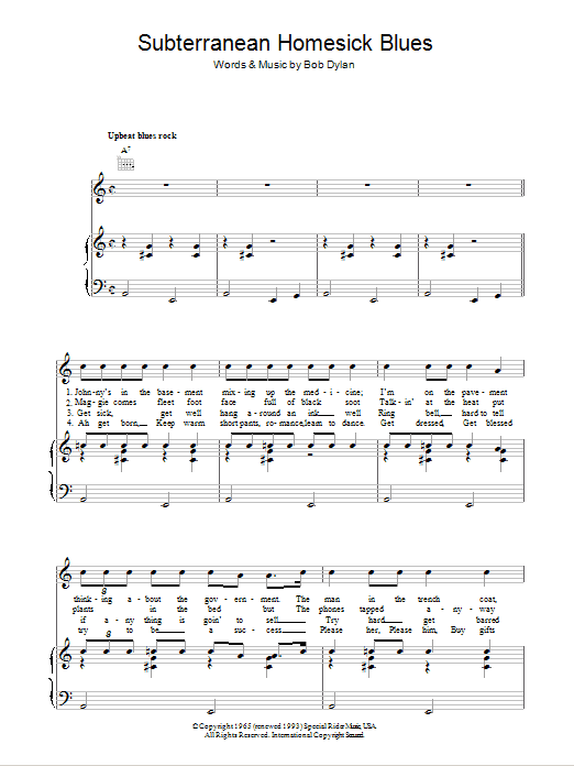 Bob Dylan Subterranean Homesick Blues Sheet Music Notes & Chords for Piano, Vocal & Guitar (Right-Hand Melody) - Download or Print PDF