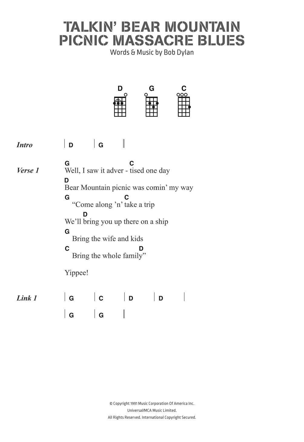 Bob Dylan Talkin' Bear Mountain Picnic Massacre Blues Sheet Music Notes & Chords for Ukulele Lyrics & Chords - Download or Print PDF