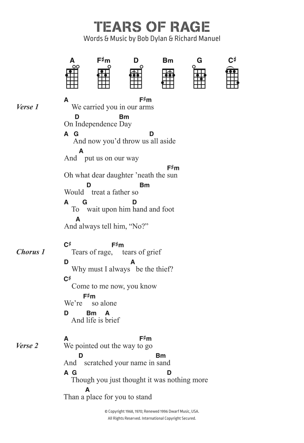 Bob Dylan Tears Of Rage Sheet Music Notes & Chords for Ukulele Lyrics & Chords - Download or Print PDF
