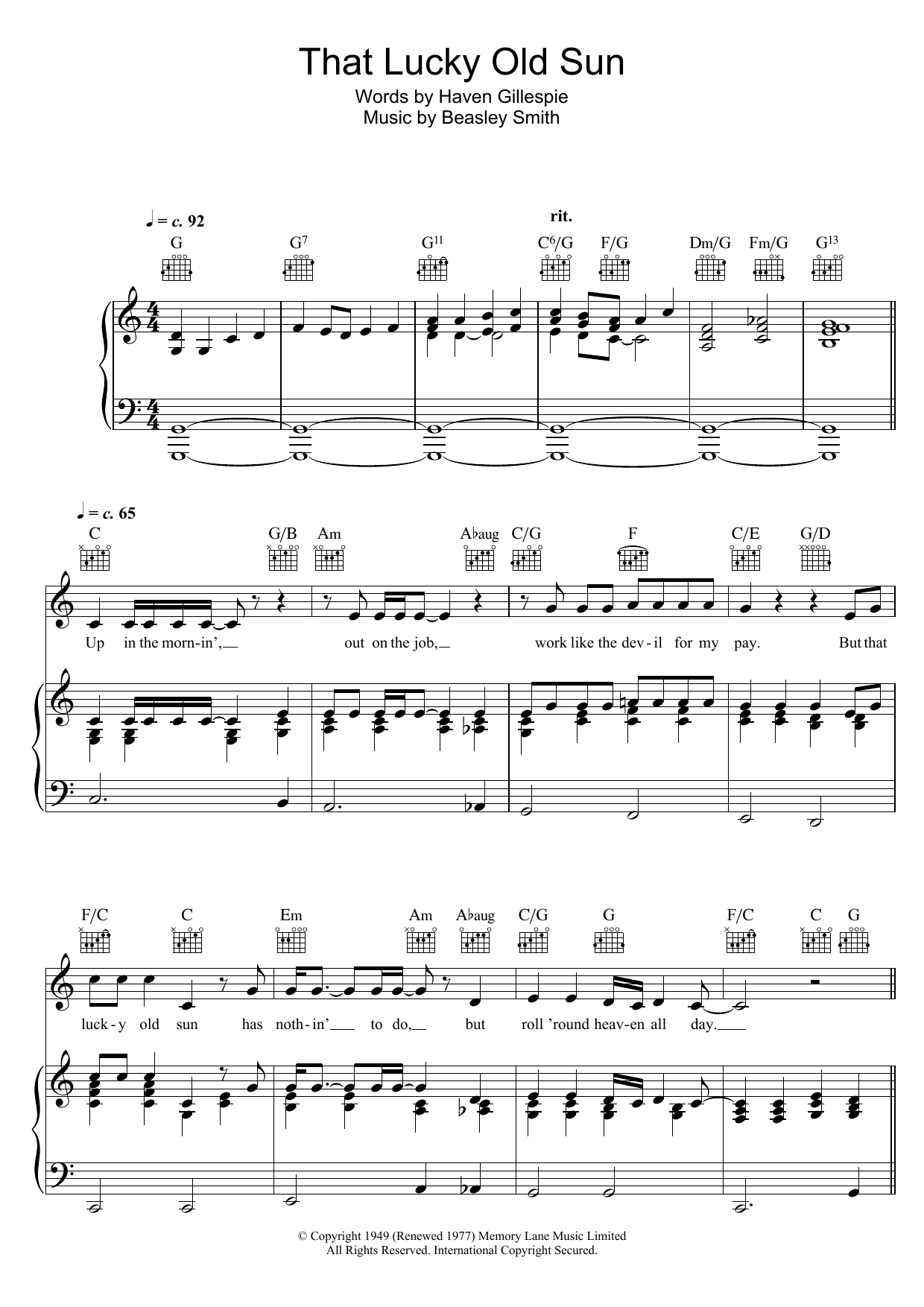 Bob Dylan That Lucky Old Sun (Just Rolls Around Heaven All Day) Sheet Music Notes & Chords for Piano, Vocal & Guitar (Right-Hand Melody) - Download or Print PDF