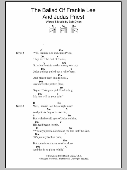 Bob Dylan The Ballad Of Frankie Lee And Judas Priest Sheet Music Notes & Chords for Lyrics & Chords - Download or Print PDF