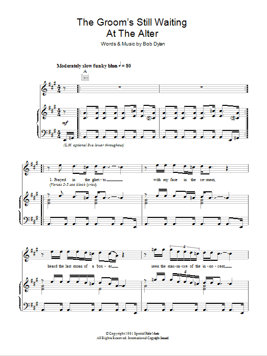 Bob Dylan The Groom's Still Waiting At The Altar Sheet Music Notes & Chords for Piano, Vocal & Guitar (Right-Hand Melody) - Download or Print PDF