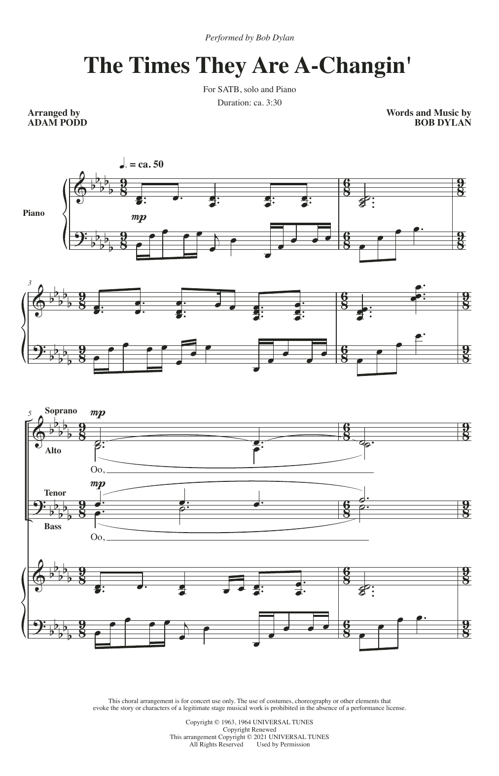 Bob Dylan The Times They Are A-Changin' (arr. Adam Podd) Sheet Music Notes & Chords for TTBB Choir - Download or Print PDF