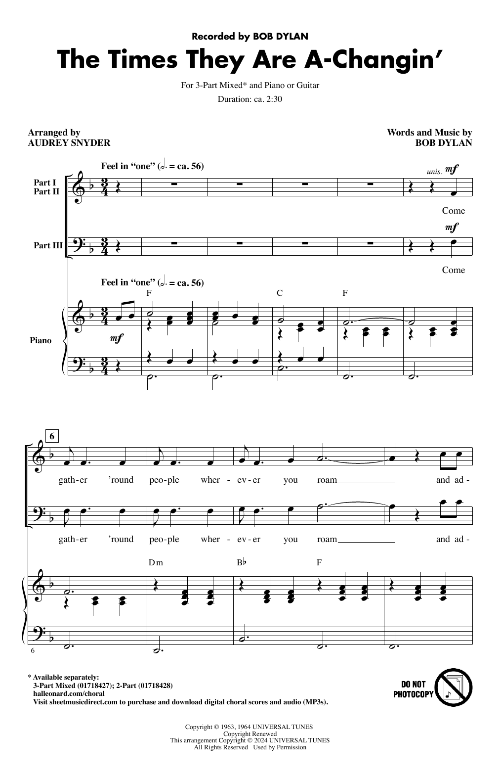 Bob Dylan The Times They Are A-Changin' (arr. Audrey Snyder) Sheet Music Notes & Chords for 3-Part Mixed Choir - Download or Print PDF