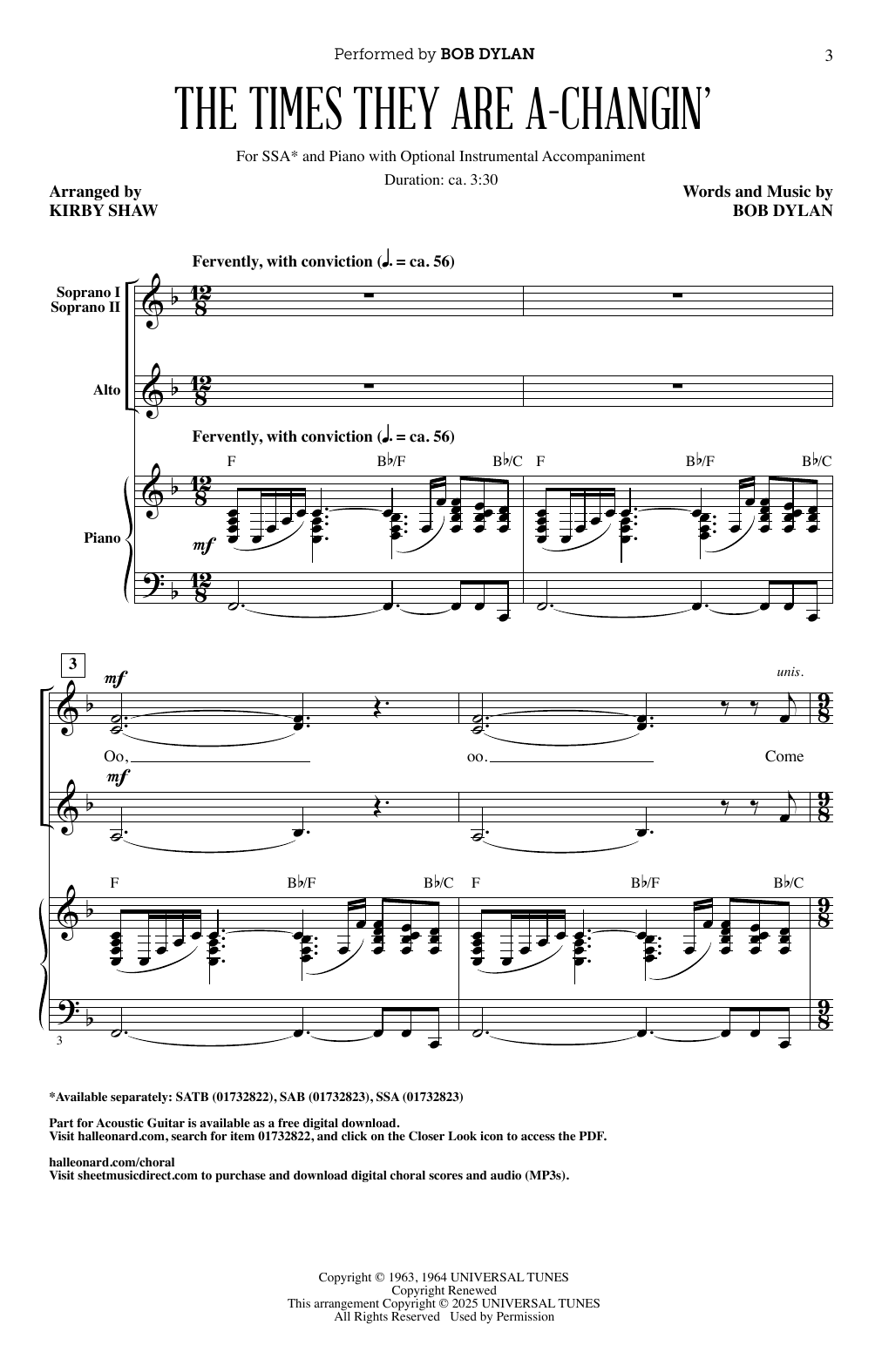 Bob Dylan The Times They Are A-Changin' (arr. Kirby Shaw) Sheet Music Notes & Chords for SSA Choir - Download or Print PDF Bob Dylan The Times They Are A-Changin' (arr. Kirby Shaw) Sheet Music Notes & Chords for SSA Choir - Download or Print PDF