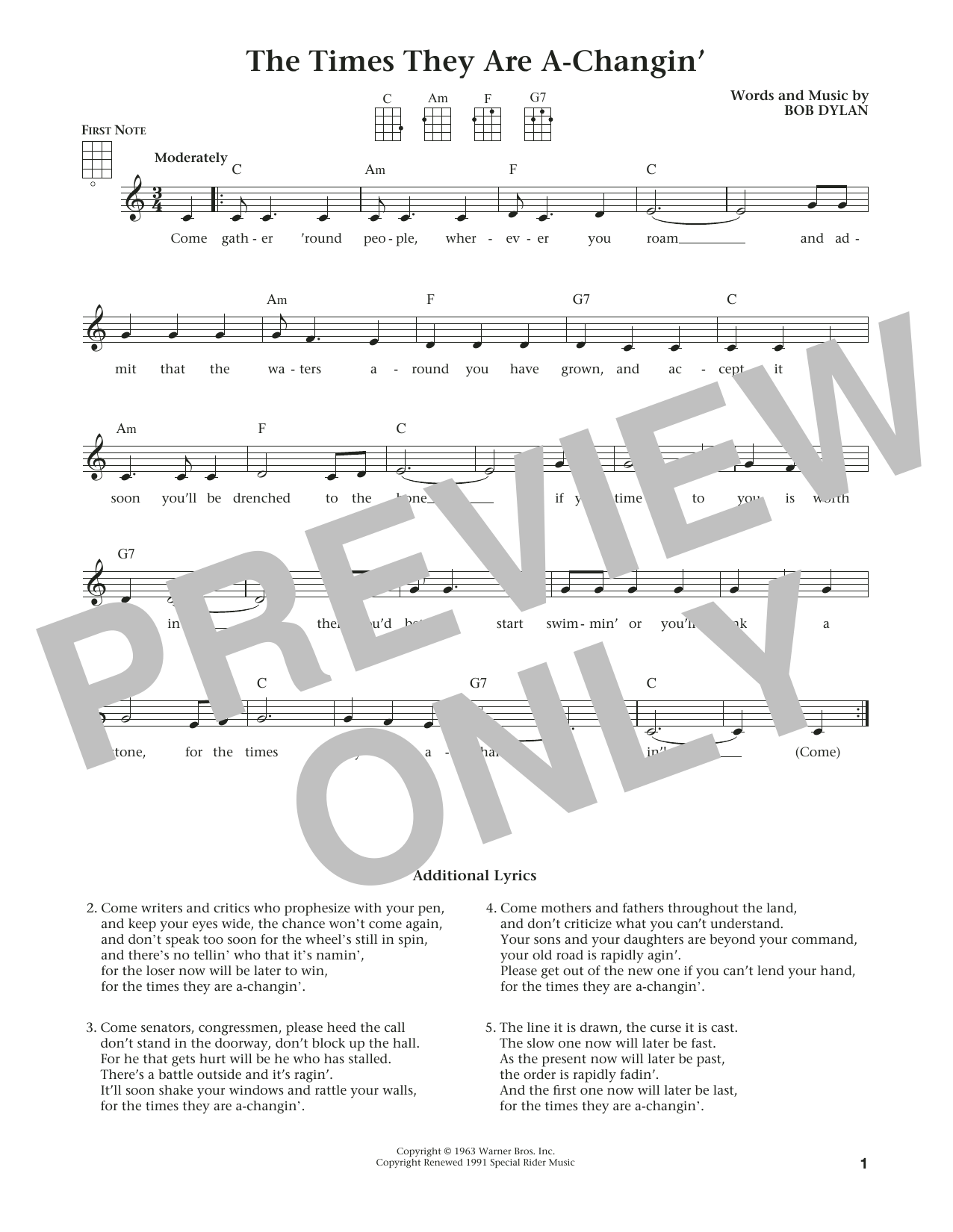 Bob Dylan The Times They Are A-Changin' (from The Daily Ukulele) (arr. Liz and Jim Beloff) Sheet Music Notes & Chords for Ukulele - Download or Print PDF