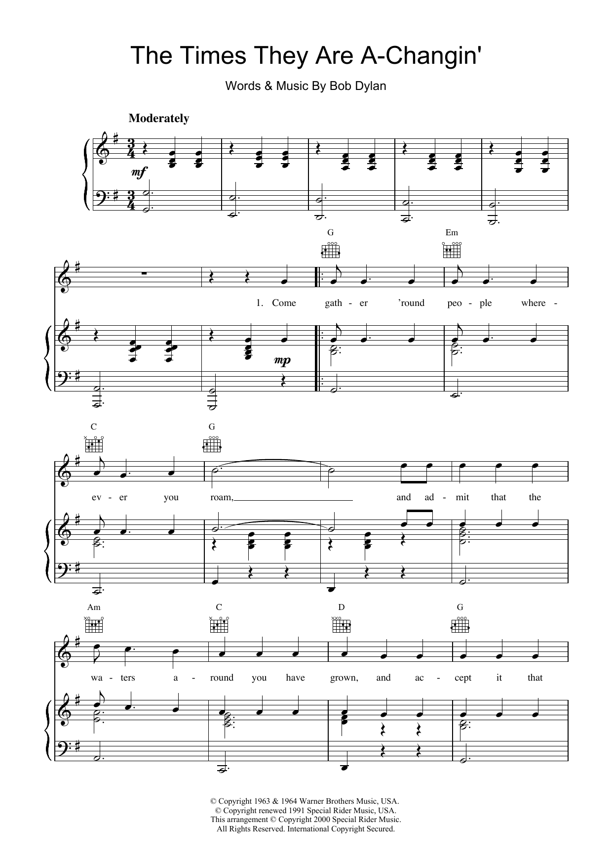 Bob Dylan The Times They Are A-Changin' Sheet Music Notes & Chords for Mandolin - Download or Print PDF