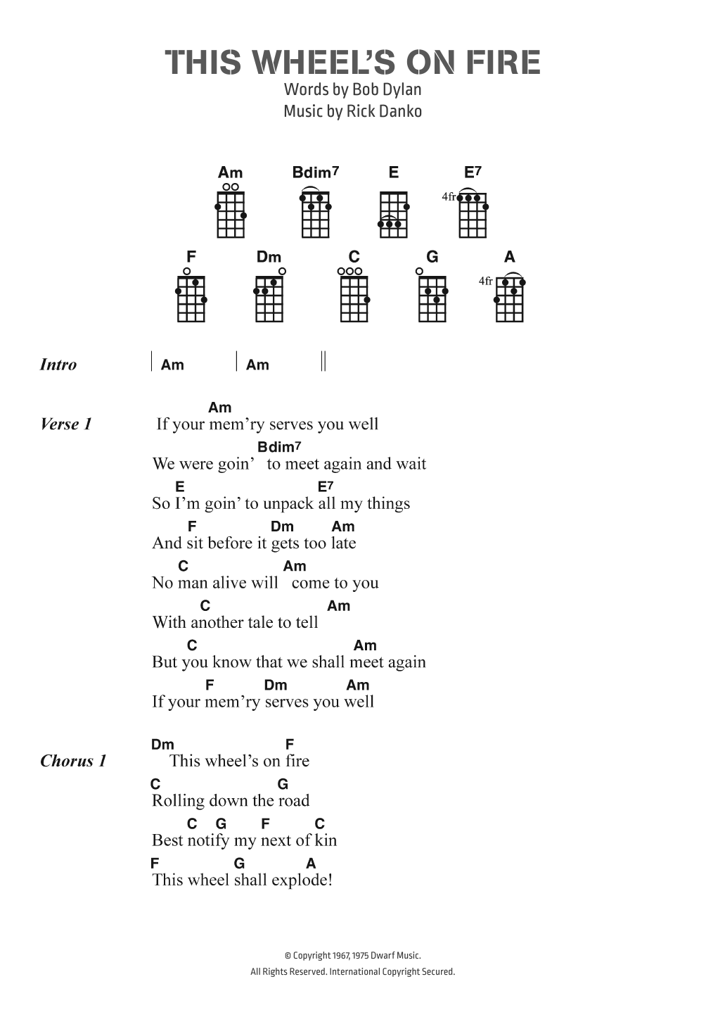 Bob Dylan This Wheel's On Fire Sheet Music Notes & Chords for Ukulele Lyrics & Chords - Download or Print PDF