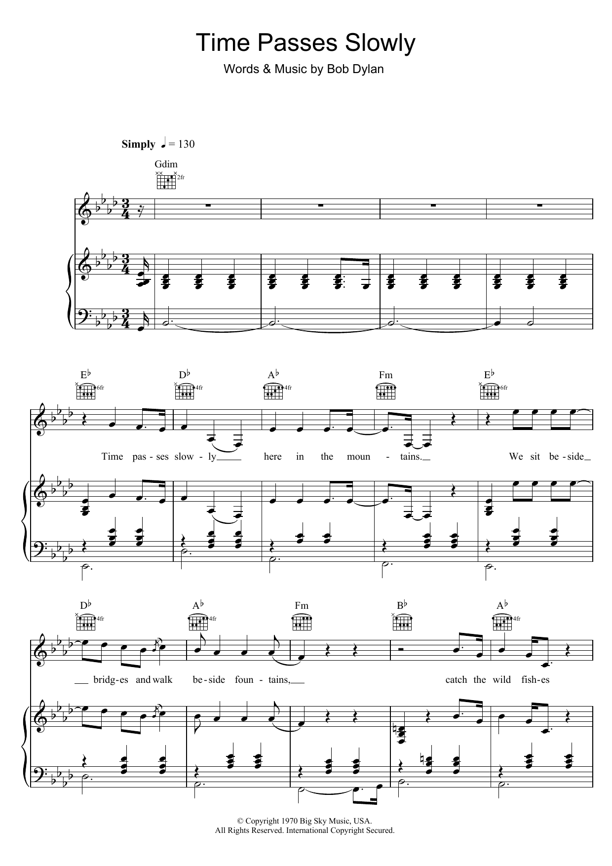 Bob Dylan Time Passes Slowly Sheet Music Notes & Chords for Piano, Vocal & Guitar (Right-Hand Melody) - Download or Print PDF