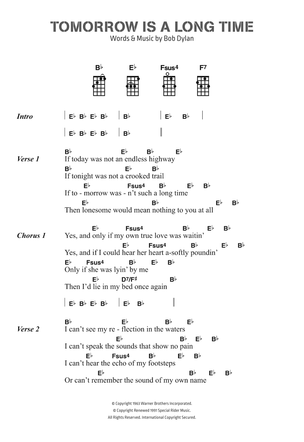 Bob Dylan Tomorrow Is A Long Time Sheet Music Notes & Chords for Ukulele Lyrics & Chords - Download or Print PDF