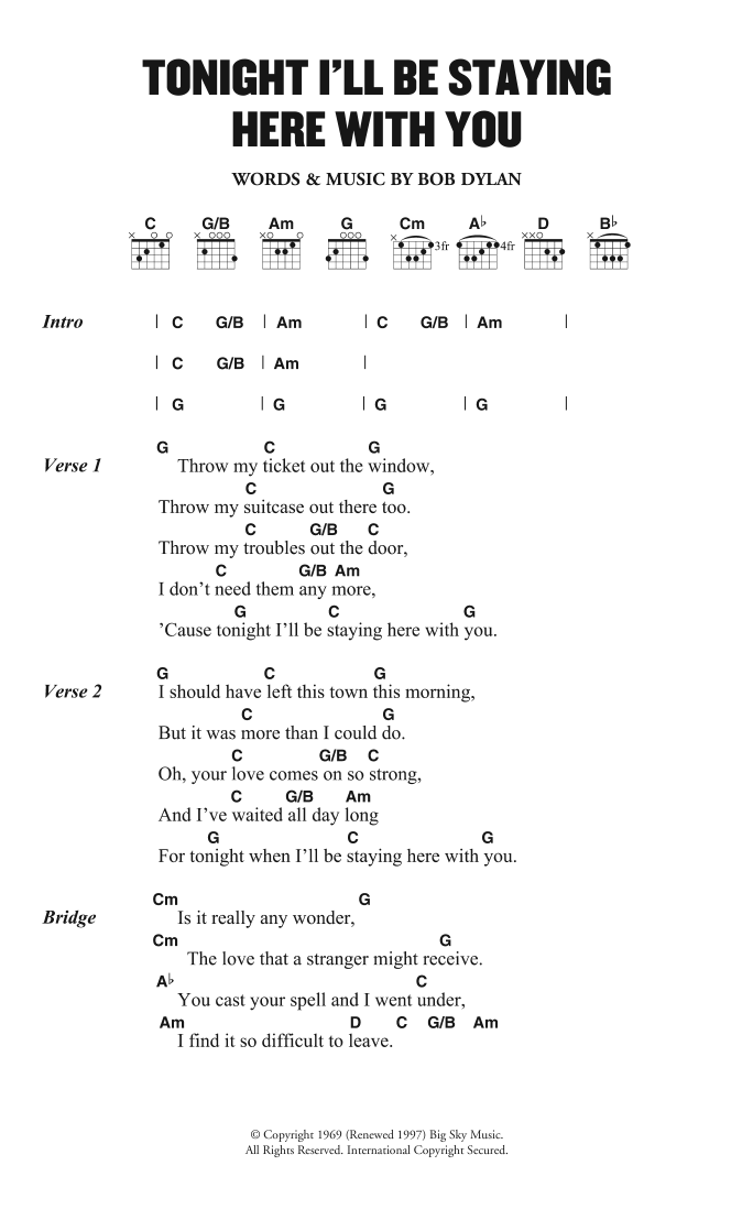 Bob Dylan Tonight I'll Be Staying Here With You Sheet Music Notes & Chords for Lyrics & Chords - Download or Print PDF