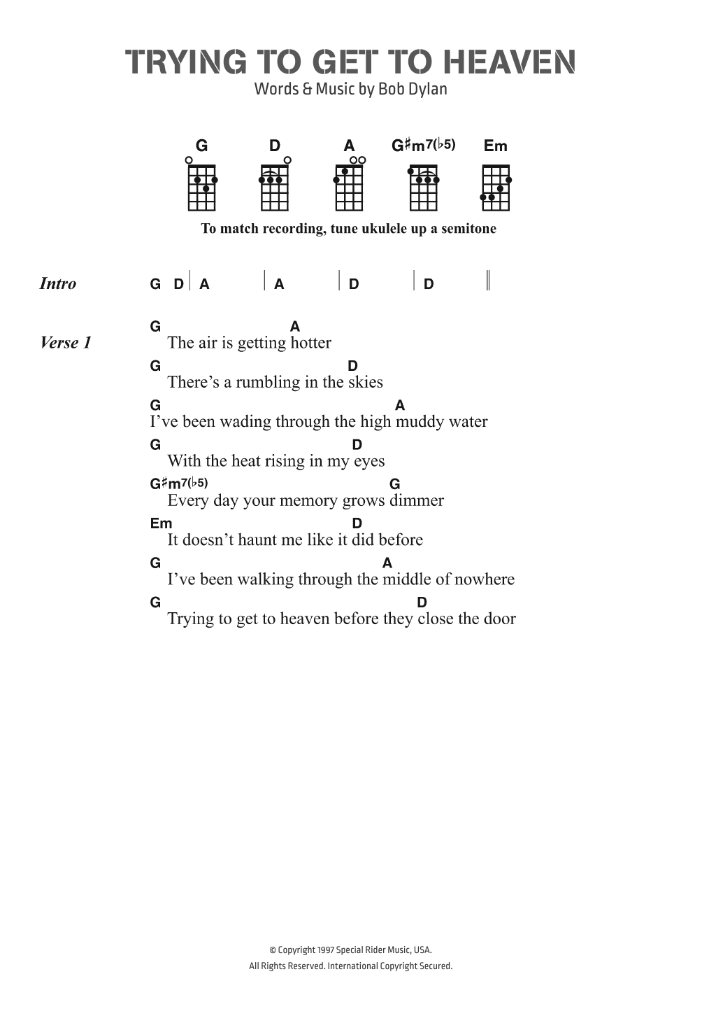 Bob Dylan Trying To Get To Heaven Sheet Music Notes & Chords for Lyrics & Chords - Download or Print PDF