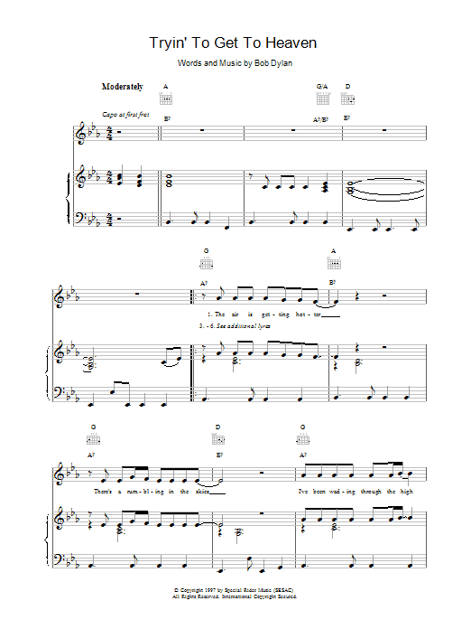 Bob Dylan Tryin'To Get To Heaven Sheet Music Notes & Chords for Piano, Vocal & Guitar (Right-Hand Melody) - Download or Print PDF