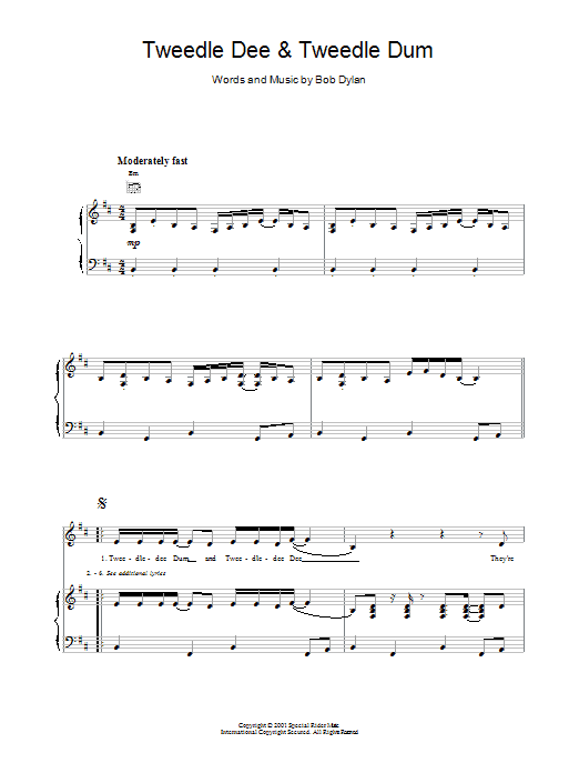 Bob Dylan Tweedle Dee & Tweedle Dum Sheet Music Notes & Chords for Piano, Vocal & Guitar (Right-Hand Melody) - Download or Print PDF