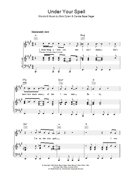 Bob Dylan Under Your Spell Sheet Music Notes & Chords for Piano, Vocal & Guitar (Right-Hand Melody) - Download or Print PDF