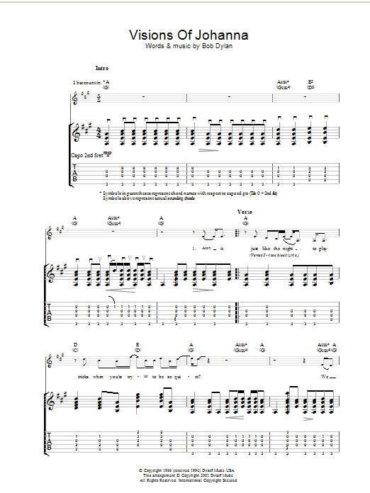Bob Dylan Visions Of Johanna sheet music notes and chords. Download Printable PDF.