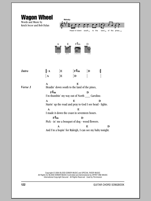 Bob Dylan Wagon Wheel Sheet Music Notes & Chords for Piano, Vocal & Guitar Chords (Right-Hand Melody) - Download or Print PDF