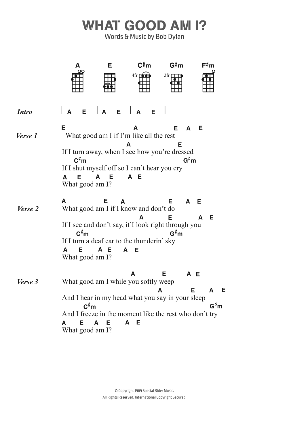 Bob Dylan What Good Am I? Sheet Music Notes & Chords for Lyrics & Chords - Download or Print PDF