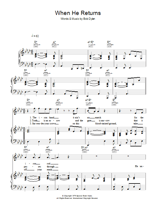 Bob Dylan When He Returns Sheet Music Notes & Chords for Piano, Vocal & Guitar - Download or Print PDF Bob Dylan When He Returns Sheet Music Notes & Chords for Piano, Vocal & Guitar - Download or Print PDF