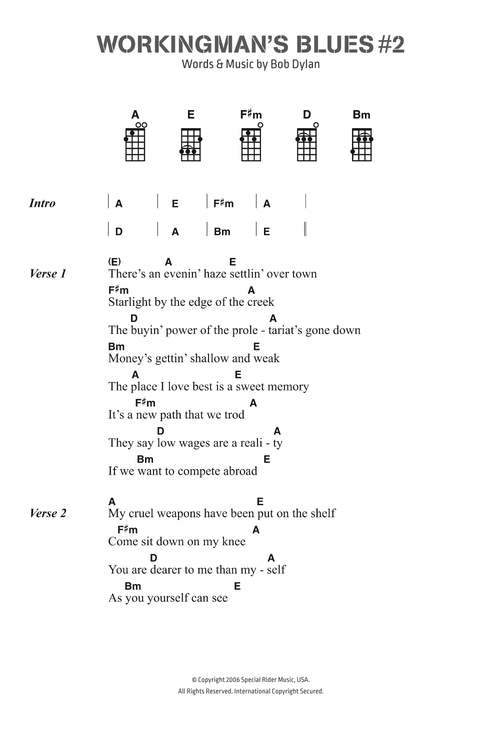 Bob Dylan Workingman's Blues # 2 Sheet Music Notes & Chords for Ukulele Lyrics & Chords - Download or Print PDF