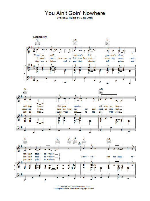 Bob Dylan You Ain't Goin' Nowhere Sheet Music Notes & Chords for Piano, Vocal & Guitar (Right-Hand Melody) - Download or Print PDF