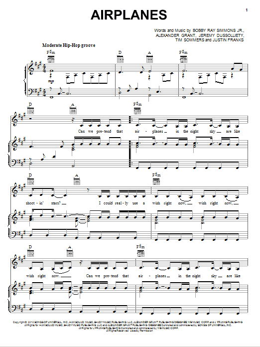 B.o.B. featuring Hayley Williams Airplanes Sheet Music Notes & Chords for Piano, Vocal & Guitar (Right-Hand Melody) - Download or Print PDF