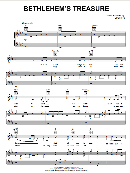 Bob Fitts Bethlehem's Treasure Sheet Music Notes & Chords for Piano, Vocal & Guitar (Right-Hand Melody) - Download or Print PDF