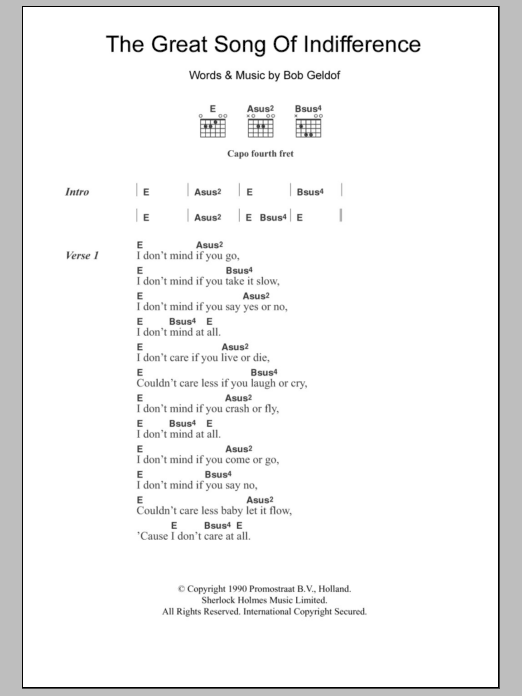 Bob Geldof The Great Song Of Indifference Sheet Music Notes & Chords for Lyrics & Chords - Download or Print PDF